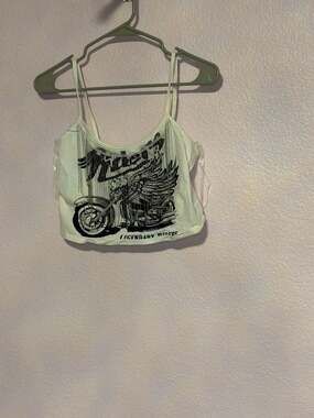 January 7 Motorcycle Graphic Crop Top White Spaghetti Strap Y2K